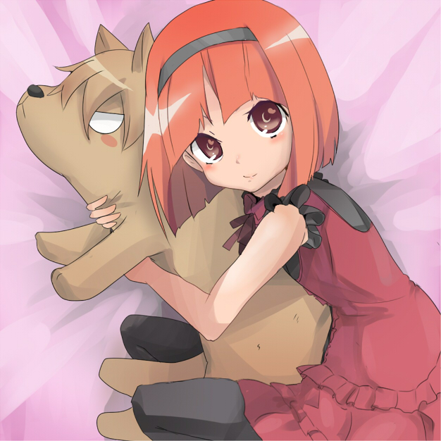 bob_cut brown_eyes hairband hug iyoda_mato ookami-san pantyhose red_hair redhead short_hair stuffed_animal stuffed_toy wolf