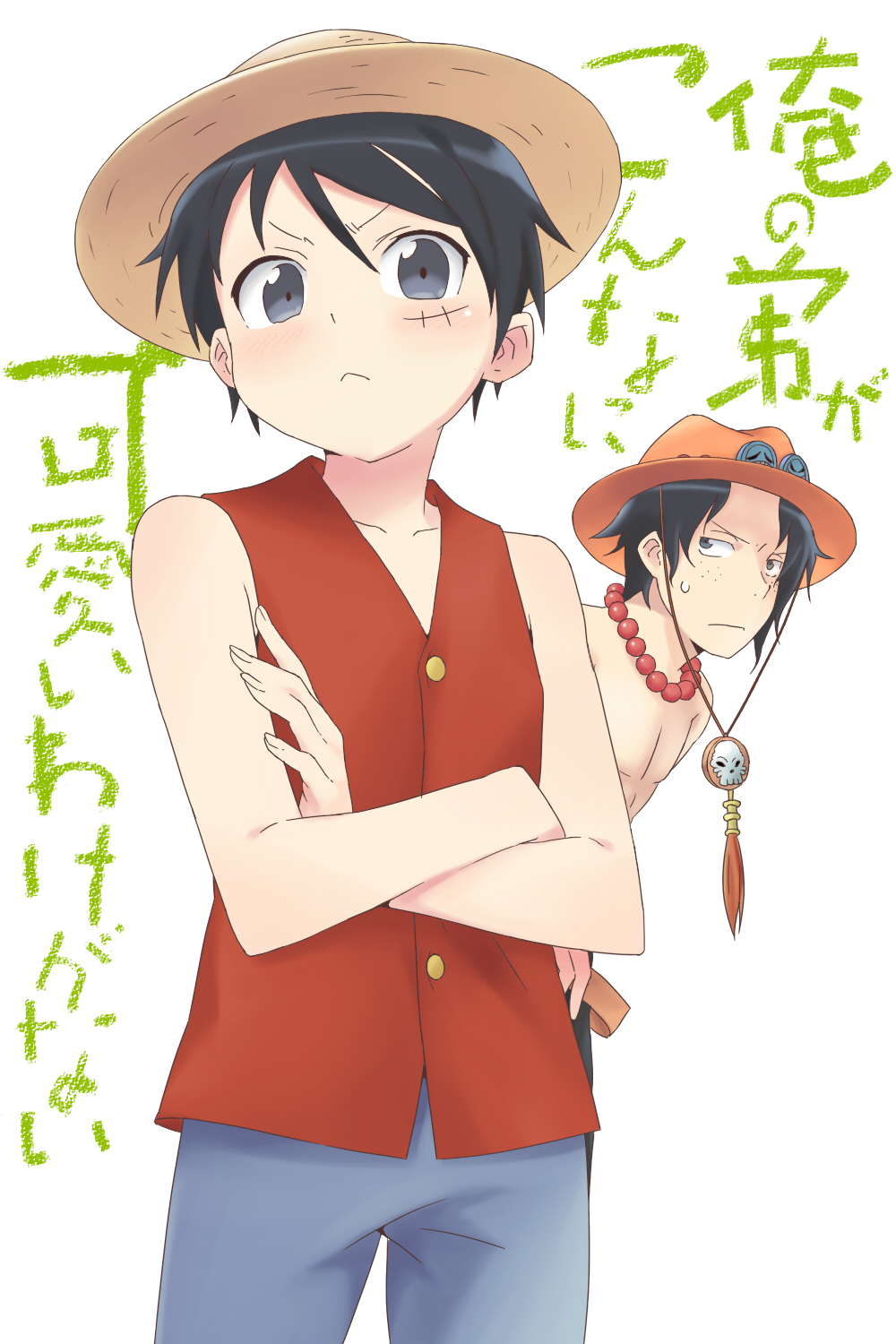 brothers can't_be_this_cute can't_be_this_cute crossed_arms freckles hat highres male monkey_d_luffy multiple_boys one_piece ore_no_imouto_ga_konna_ni_kawaii_wake_ga_nai parody portgas_d_ace scar siblings skull straw_hat sweatdrop tocchin translated