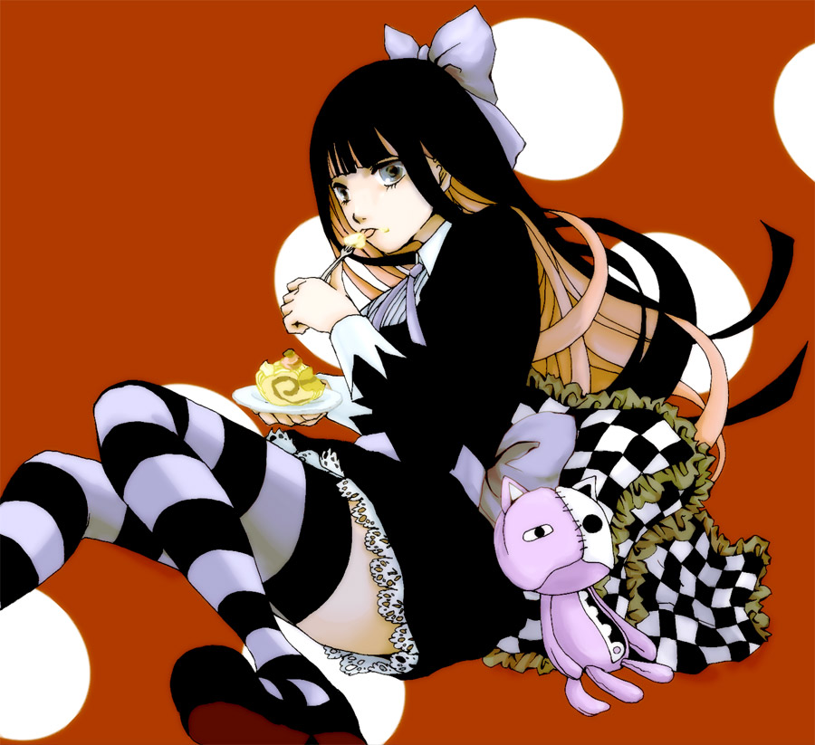 9tabare bad_id cake checkered food fork honekoneko_(psg) licking panty_&amp;_stocking_with_garterbelt pillow plate solo stocking_(character) stocking_(psg) striped striped_legwear striped_thighhighs stuffed_animal stuffed_toy sweets thigh-highs thighhighs