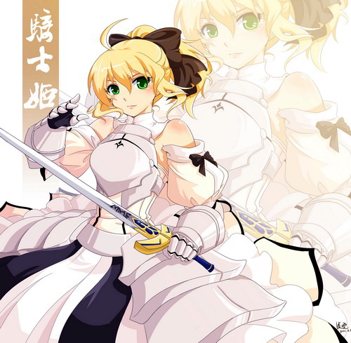 ahoge armor armored_dress bare_shoulders blonde_hair bow detached_sleeves dress excalibur fate/stay_night fate/unlimited_codes fate_(series) gauntlets green_eyes lowres ponytail riku_(lingsky) saber saber_lily smile solo sword weapon zoom_layer