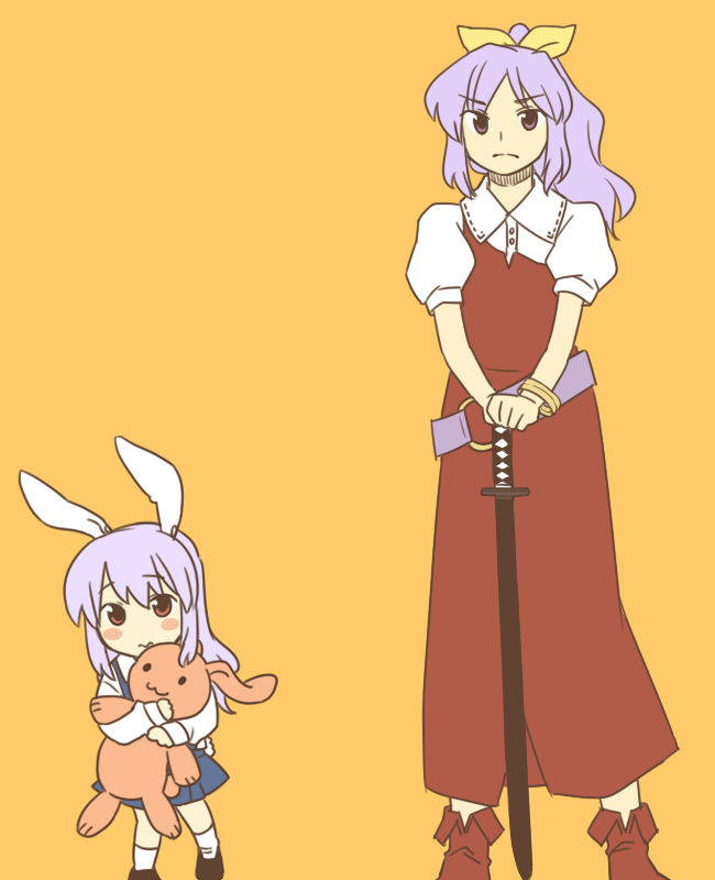 animal_ears bad_id blush bow brown_eyes bunny bunny_ears bunny_tail hair_bow katana koyama_shigeru multiple_girls ponytail purple_eyes purple_hair rabbit rabbit_ears reisen_udongein_inaba simple_background stuffed_animal stuffed_toy sword tail touhou violet_eyes watatsuki_no_yorihime weapon young