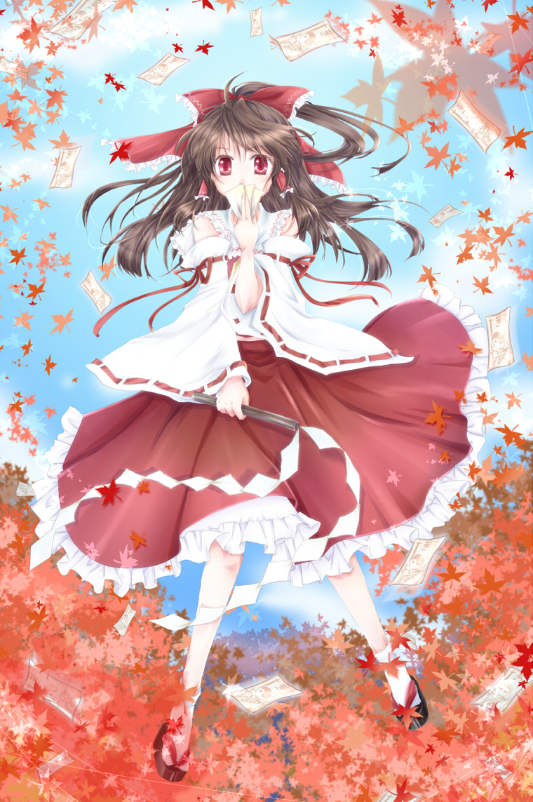 ascot bad_id bow brown_hair clog_sandals detached_sleeves gohei hair_bow hakurei_reimu leaf maple_leaf miko ofuda ponytail red_eyes saya_(chocolate_capsule) solo touhou