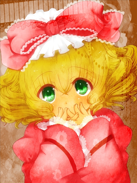 blonde_hair bow covering covering_face covering_mouth curly_hair dress frills green_eyes hair_bow hina_ichigo lace looking_up minchu rozen_maiden short_hair solo