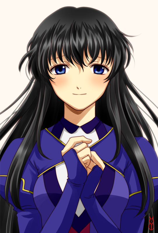 black_hair blue_eyes bridal_gauntlets dress gundam gundam_00 long_hair machinosuke marina_ismail signature simple_background smile solo