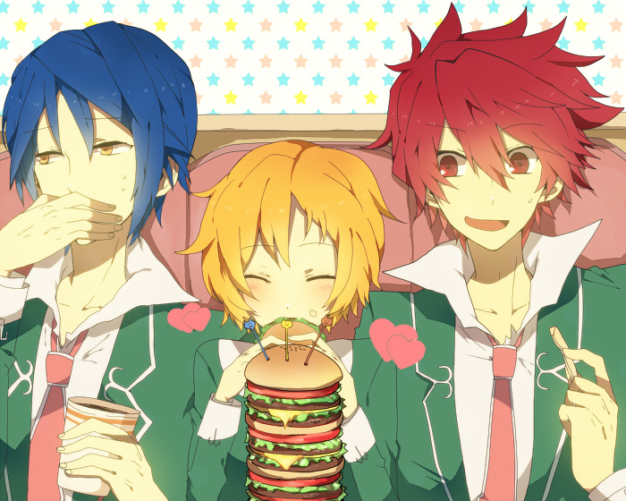 2boys agemaki_wako blonde_hair blue_hair closed_eyes covering covering_face covering_mouth cup drink eating eyes_closed food food_on_face french_fries hamburger heart holding looking_away multiple_boys necktie red_eyes red_hair redhead school_uniform shindou_sugata short_hair star star_driver starry_background sweatdrop tsunashi_takuto ws_(pixiv) yellow_eyes