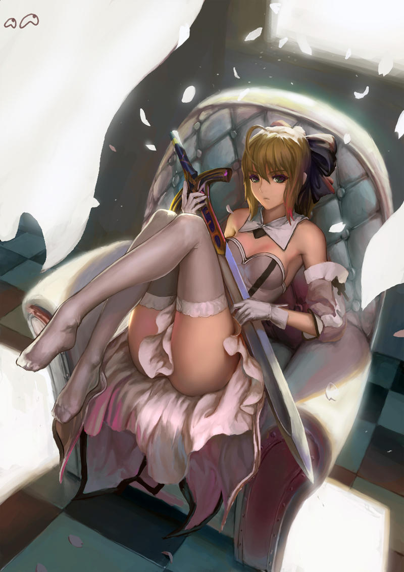 ahoge armchair ass bare_shoulders blonde_hair chair checkered checkered_floor dress fate/stay_night fate/unlimited_codes fate_(series) feet gloves jiemaowanwan legs no_shoes petals saber saber_lily sitting solo sword thigh-highs thighhighs thighs weapon white_legwear