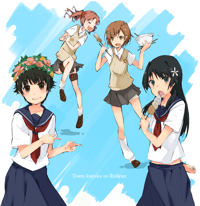 black_hair blue_eyes bowl brown_eyes brown_hair eating flower hair_flower hair_ornament head_wreath long_hair misaka_mikoto oden pointing saten_ruiko school_uniform serafuku shirai_kuroko short_hair sweater_vest to_aru_kagaku_no_railgun to_aru_majutsu_no_index tokone twintails uiharu_kazari