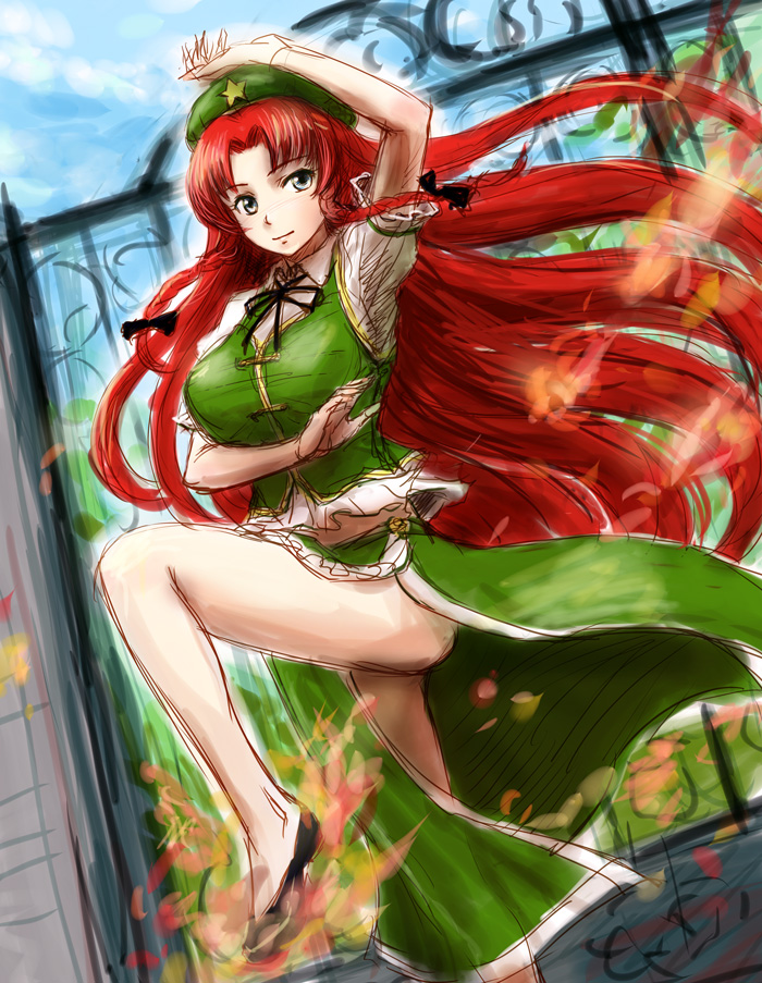 blue_eyes braid chinese_clothes fighting_stance hat hong_meiling legs long_hair red_hair redhead sketch tafuto touhou twin_braids