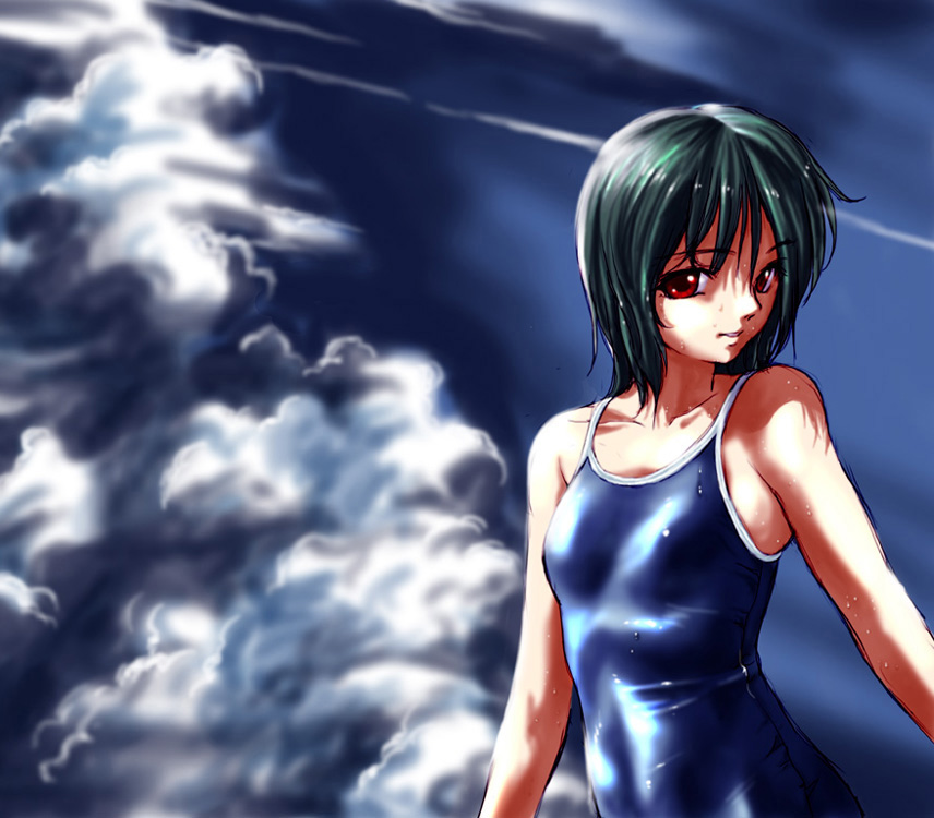 clouds green_hair one-piece_swimsuit original pizza_man red_eyes short_hair skin_tight solo swimsuit wet