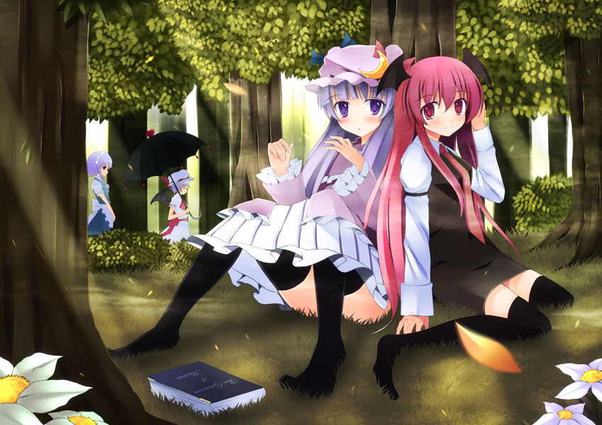 arms_in_front bat_wings black_legwear black_thighhighs blue_hair blush book braid closed_eyes crescent crescent_moon eyes_closed forest hat head_wings izayoi_sakuya koakuma long_hair maid maid_headdress moon multiple_girls nature parasol patchouli_knowledge purple_eyes purple_hair red_eyes red_hair redhead remilia_scarlet short_hair silver_hair sitting smile the_embodiment_of_scarlet_devil thigh-highs thighhighs touhou umbrella v_arms violet_eyes wings zettai_ryouiki