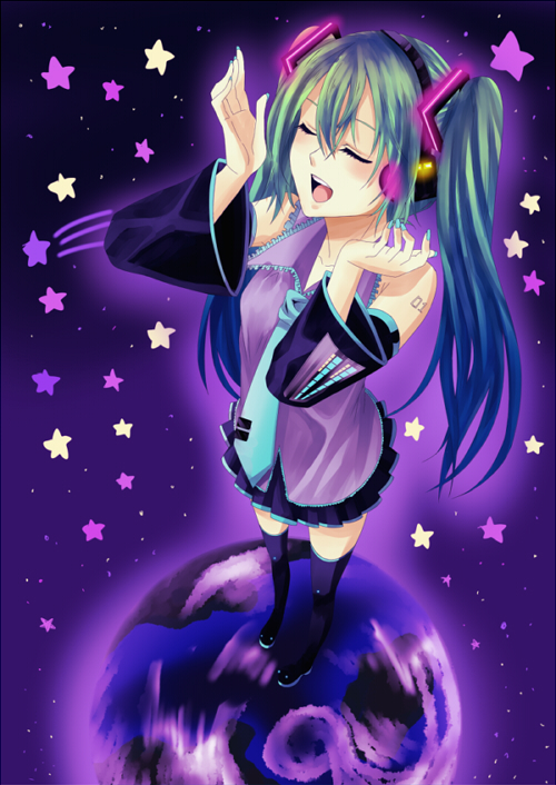 bad_id closed_eyes detached_sleeves eyes_closed foreshortening green_hair harutsuge hatsune_miku long_hair necktie open_mouth skirt solo thigh-highs thighhighs twintails vocaloid
