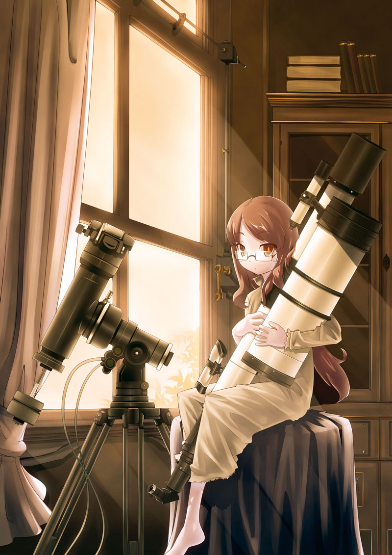 book brown_eyes brown_hair cabinet dress glasses long_hair original pixiv solo sunset tama_(pixiv) tama_(speedgrapher) telescope window