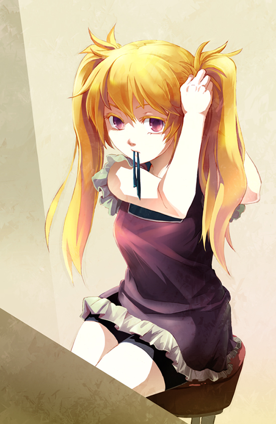 blonde_hair dress el_(mushboom) hair_ribbon long_hair mouth_hold original red_eyes ribbon sitting solo stool