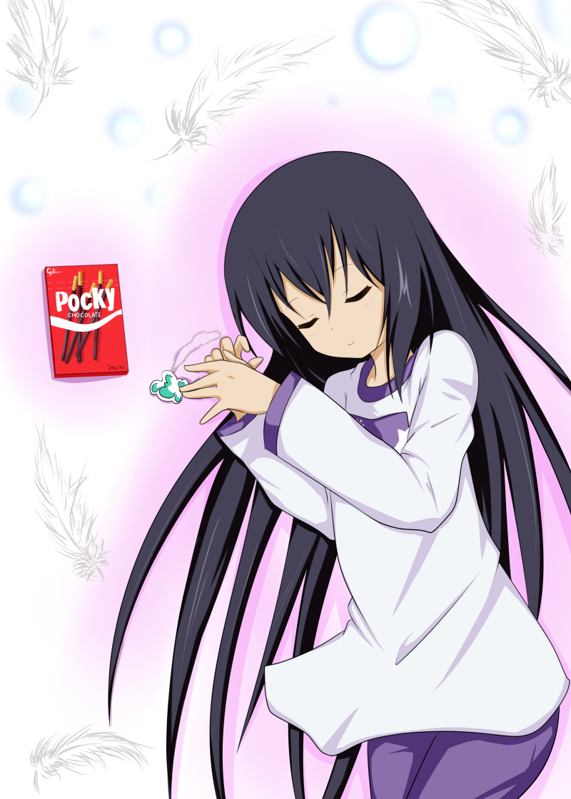 black_hair feathers hair_down k-on! long_hair nakano_azusa pocky sleep_wear sleeping sleepwear yuki_(sangeki5806)