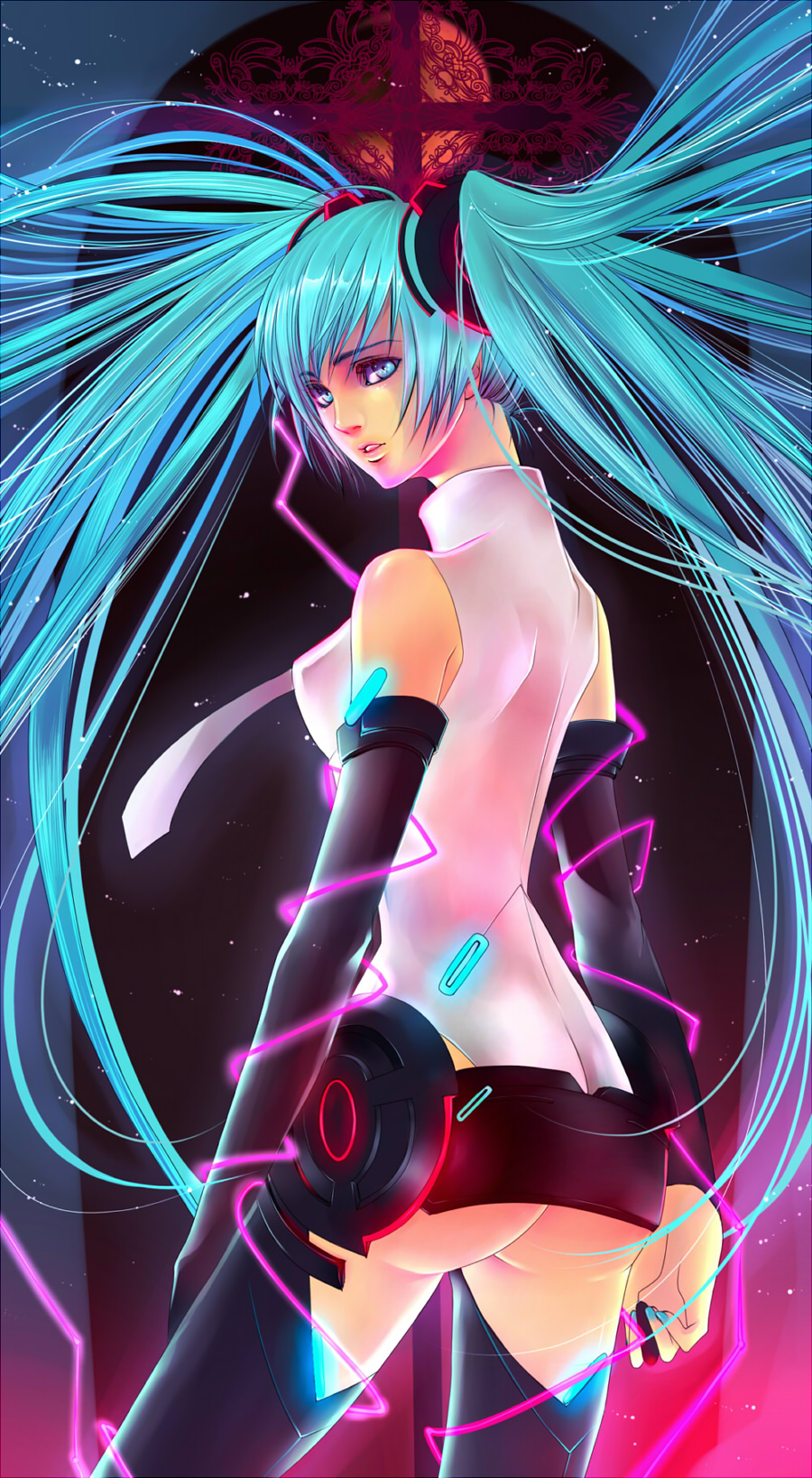 aqua_eyes aqua_hair ass bad_id bare_shoulders blue_hair cross detached_sleeves full_moon glowing hatsune_miku hatsune_miku_(append) headset highres long_hair looking_back miku_append moon necktie open_mouth red_moon solo standing twintails usui_hinagi very_long_hair vocaloid vocaloid_append yukina_(ss336336)