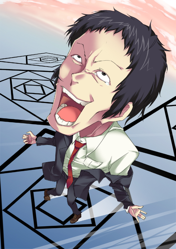 adachi_tooru black_hair crazy_eyes foreshortening formal mouth necktie open_mouth persona persona_4 teeth tongue what