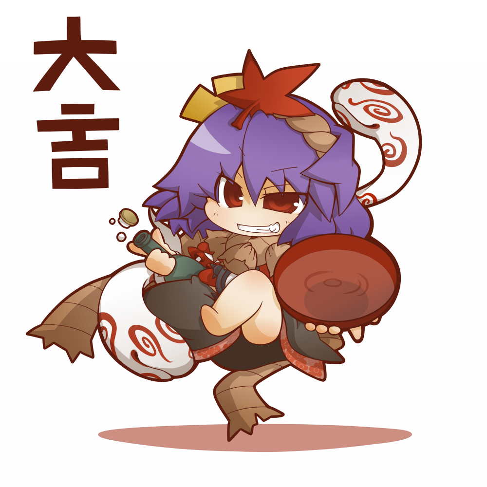 bottle chibi grin gurageida leaf levitate levitation maple_leaf omikuji purple_hair red_eyes sakazuki sake shimenawa smile snake solo touhou translated yasaka_kanako