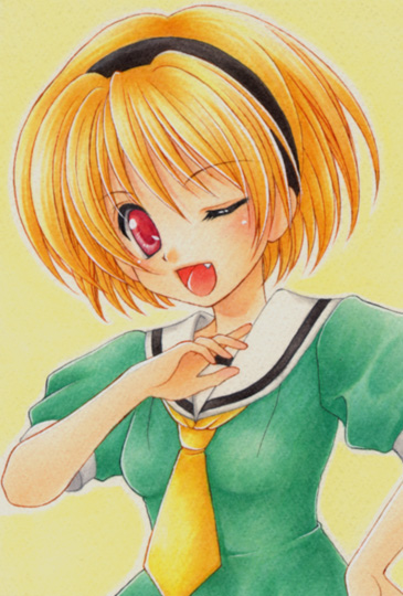 2754 blonde_hair fang hairband hand_on_hip higurashi_no_naku_koro_ni hips houjou_satoko lowres necktie open_mouth red_eyes school_uniform short_hair smile solo traditional_media wink