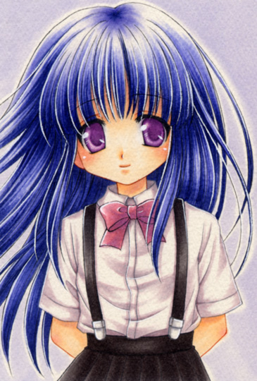 2754 blue_hair bow furude_rika higurashi_no_naku_koro_ni long_hair lowres purple_eyes school_uniform smile solo traditional_media violet_eyes