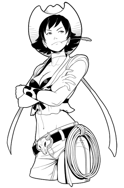 belt breasts bustier cleavage collar cow_girl cowboy_hat hat jeans jessica_gaona jessichan lasso lingerie makoto midriff monochrome mouth_hold navel scarf short_hair solo street_fighter street_fighter_iii transparent_background underwear western wristband