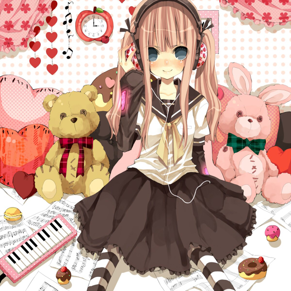 blush bow clock cupcake doughnut hair_bow hair_ribbon headphones heart hinazawa_kirie instrument keyboard keyboard_(instrument) long_hair original pastry pillow pink_hair ribbon school_uniform serafuku sitting smile solo striped striped_legwear striped_thighhighs stuffed_animal stuffed_bunny stuffed_toy teddy_bear thigh-highs thighhighs toy twintails