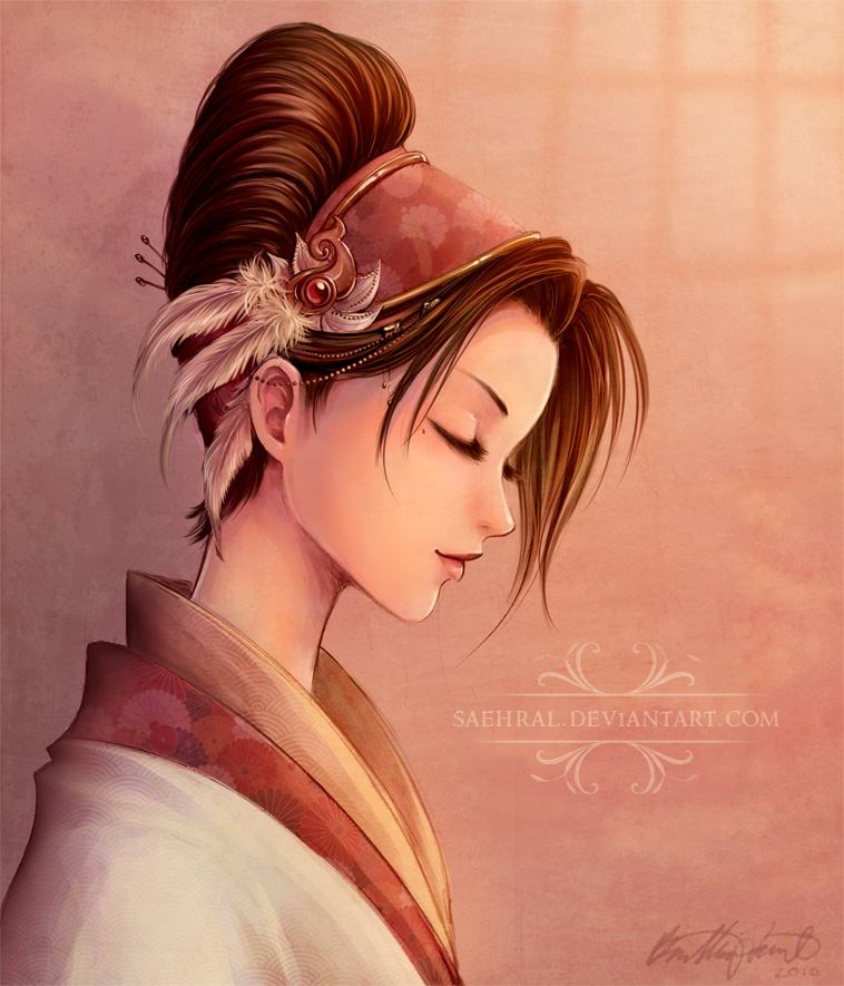 brown_hair closed_eyes dated feathers hair_up hairband hat_feather japanese_clothes kikumon mole original profile saehral seigaiha signature solo watermark