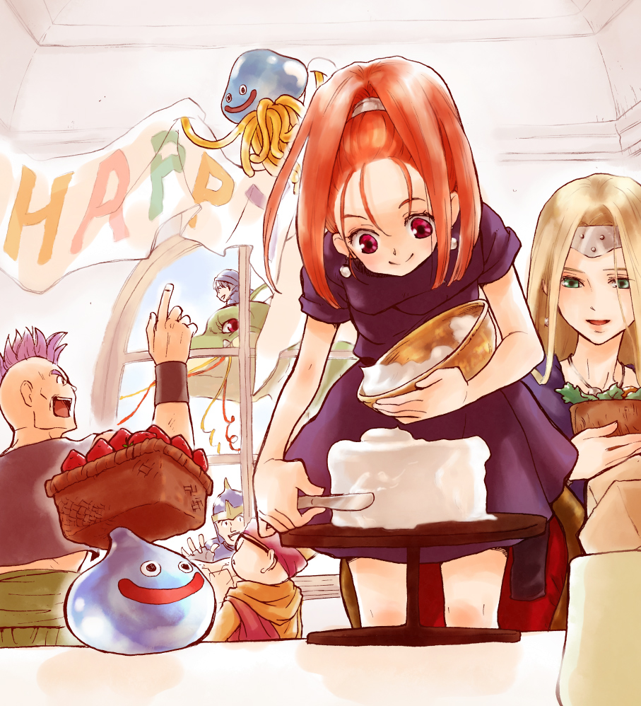 barbara blonde_hair bracelet cake chamoro circlet dragon dragon_quest dragon_quest_vi drango dress earrings food green_eyes happy_birthday hassan_(dq6) hat helmet high_ponytail hoimi_slime jewelry long_hair mireyu mohawk necklace ponytail red_eyes red_hair redhead ribbon slime_(dragon_quest) smile terry togeari_kaisanbutsu