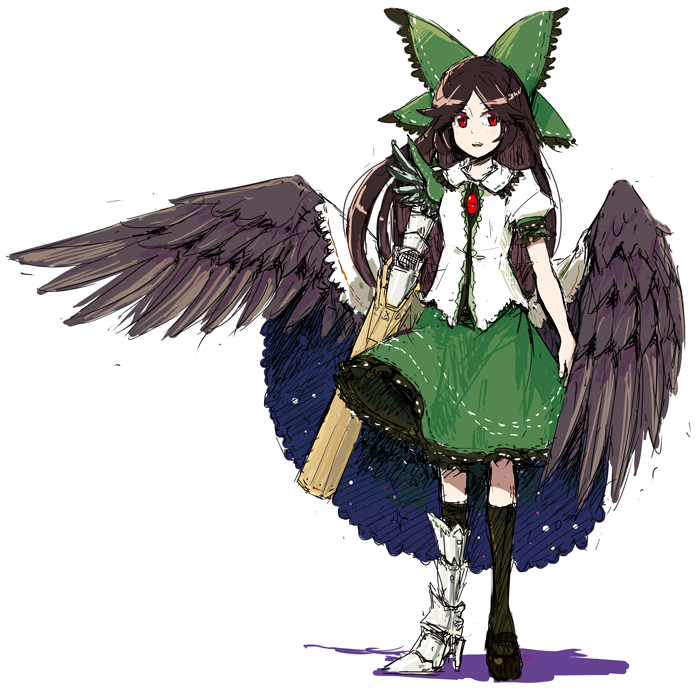 arm_cannon asymmetrical_clothes asymmetrical_clothing bad_id bow cape hair_bow long_hair mismatched_footwear red_eyes reiuji_utsuho solo tai0201 third_eye touhou weapon wings