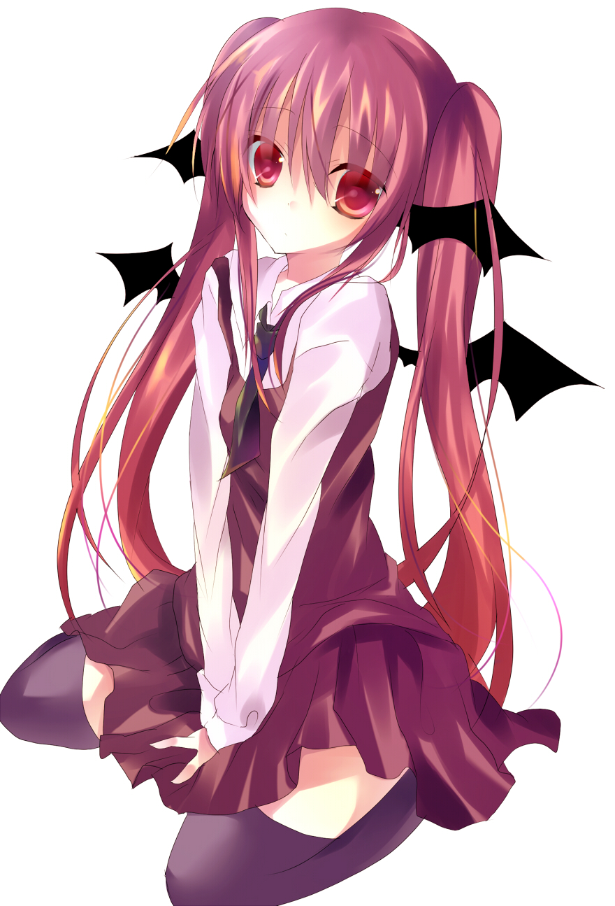 alternate_hairstyle bat_wings expressionless head_tilt head_wings highres kisaragi_kiriha koakuma long_hair necktie red_eyes red_hair redhead simple_background sitting skirt solo the_embodiment_of_scarlet_devil thigh-highs thighhighs touhou twintails v_arms wariza wings zettai_ryouiki