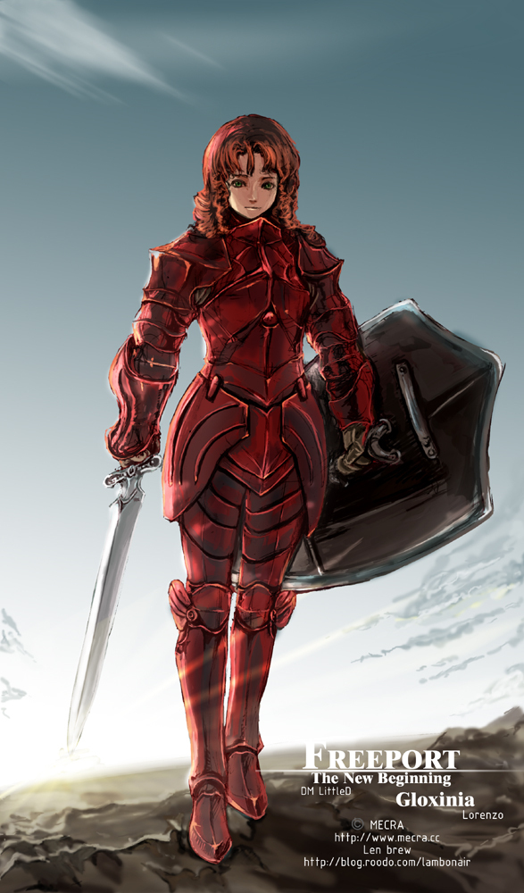 drill_hair dungeons_and_dragons len_brew red_hair redhead shield sword weapon
