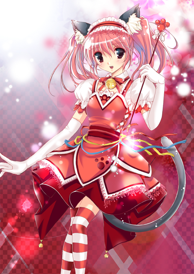 bad_id bell cat_ears cat_tail elbow_gloves gloves jingle_bell open_mouth original pink_hair shisaki_tayu solo striped striped_legwear striped_thighhighs tail thigh-highs thighhighs twintails wand