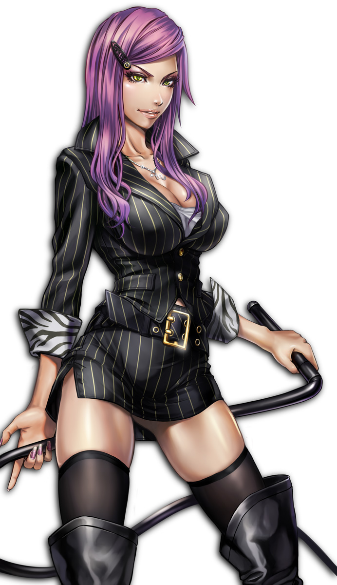 boots breasts cleavage curvy hair_clip hair_ornament hairclip highres jewelry large_breasts lips long_fingernails long_hair miniskirt nail_polish necklace original pinstripe_suit pinstriped_suit purple_hair sadakage simple_background skindentation skirt solo suit thigh_boots thighhighs thighs whip yellow_eyes yellow_hair
