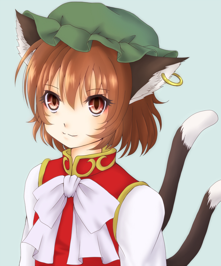 1girl :3 animal_ears blue_background bow brown_hair bust cat_ears cat_tail chen jewelry long_sleeves looking_at_viewer mitsucho mob_cap multiple_tails red_eyes short_hair single_earring slit_pupils solo tail touhou vest