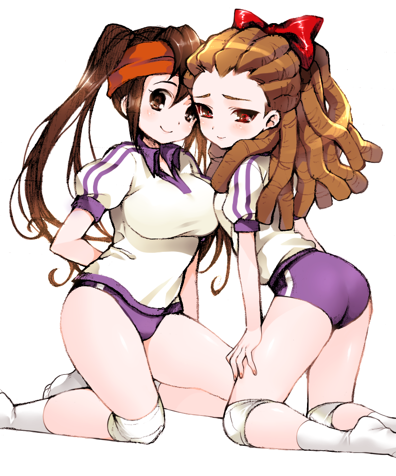 ass bad_id bow breasts brown_eyes brown_hair buruma double_vertical_stripe dreadlocks endou_mamoru footwear genderswap gym_uniform hair_bow hairlocs headband inazuma_eleven inazuma_eleven_(series) kidou_yuuto knee_pads kneeling large_breasts long_hair red_eyes single_vertical_stripe socks tino0618 vertical_stripes