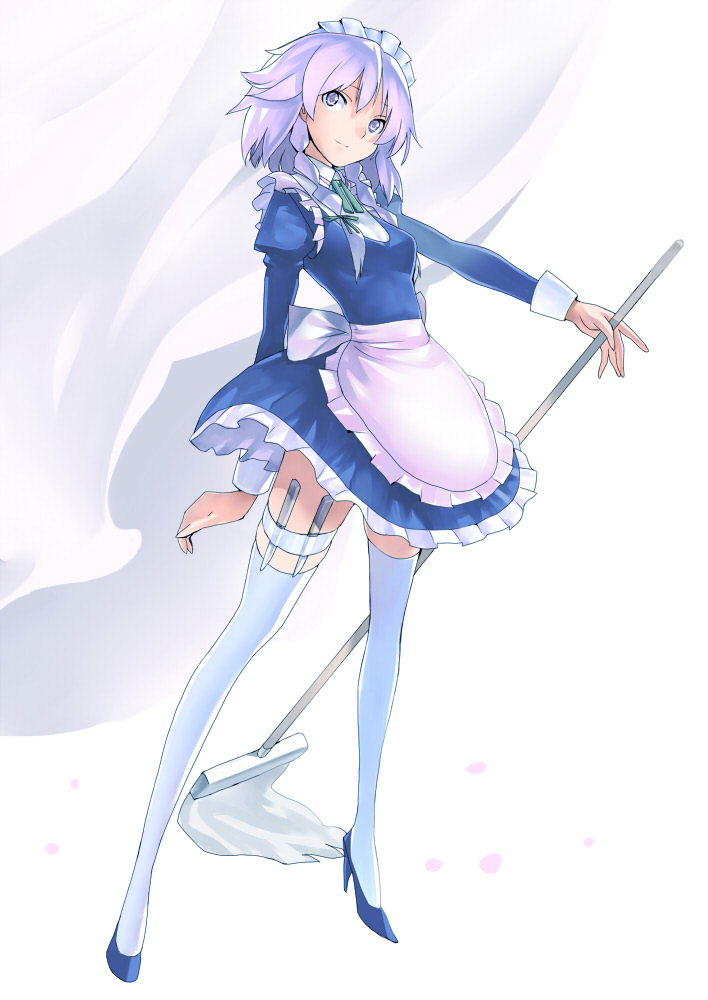 braid izayoi_sakuya knife maid maid_headdress mop short_hair silver_hair solo thigh-highs thighhighs throwing_knife touhou twin_braids weapon yaten