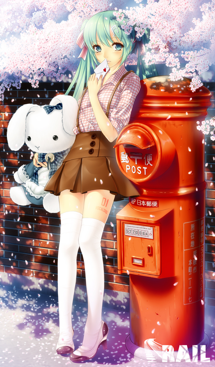 bunny cherry_blossoms envelope green_eyes green_hair hair_ribbon hatsune_miku high_heels letter love_letter mailbox pigeon-toed pigeon_toed postbox rabbit rail_(silverbow) ribbon shoes silver_bow stuffed_animal stuffed_bunny stuffed_toy suspenders thigh-highs thighhighs twintails vocaloid white_legwear zettai_ryouiki