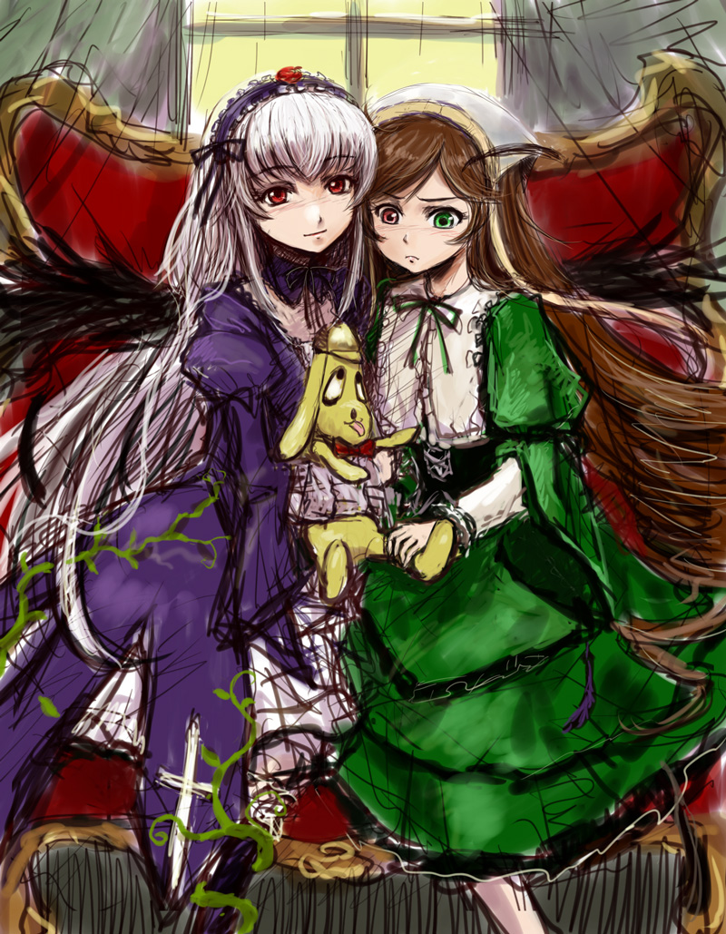 bad_id brown_hair dress flower frills green_eyes hairband heterochromia kunkun long_hair multiple_girls red_eyes red_rose ribbon rose rozen_maiden sitting sketch smile stuffed_animal stuffed_toy suigintou suiseiseki tafuto white_hair wings