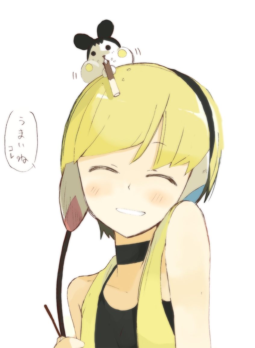 1girl closed_eyes eating emolga emonga face headphones kamitsure_(pokemon) pocky pokemon pokemon_(game) pokemon_black_and_white pokemon_bw simple_background smile sukima_(crie) tank_top translation_request