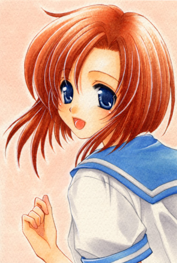 2754 blue_eyes higurashi_no_naku_koro_ni lowres open_mouth orange_hair ryuuguu_rena school_uniform short_hair smile solo traditional_media