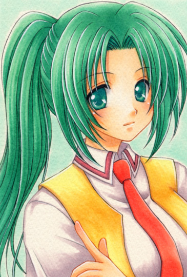 2754 bust green_eyes green_hair higurashi_no_naku_koro_ni light_smile long_hair lowres marker_(medium) necktie ponytail school_uniform solo sonozaki_mion traditional_media