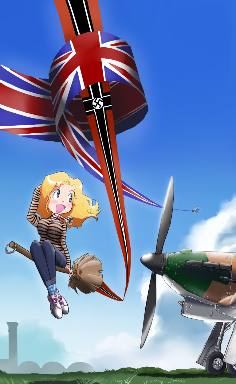 airplane broom broom_riding commentary commentary_request flag flying hawker_hurricane highres illusion inui_(jt1116) inui_(pixiv) iron_cross medal military multiple_girls nazi original parody shoes sidesaddle sneakers swastika union_jack witch world_war_ii wwii