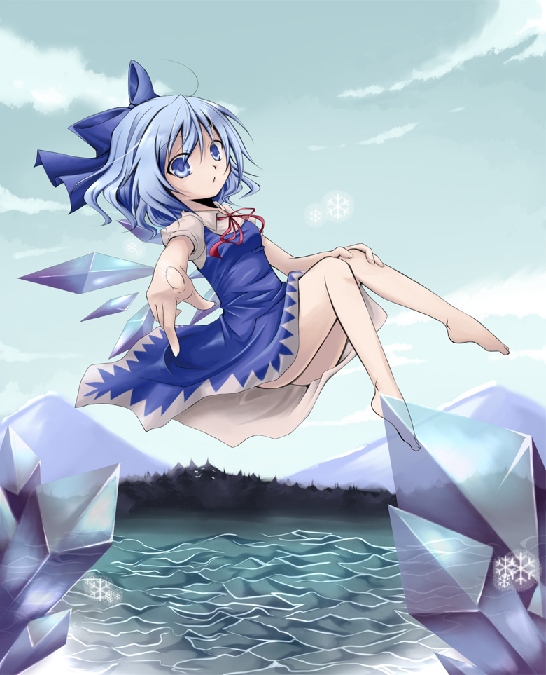 artist_request barefoot blue_eyes blue_hair bow cirno dress feet flying hair_bow hands ice lake nekomoto pointing short_hair snowflakes solo touhou water wings