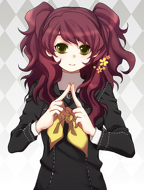 bad_id brown_hair flower ironmaskbear kujikawa_rise long_hair persona persona_4 school_uniform smile solo steepled_fingers twintails yellow_eyes