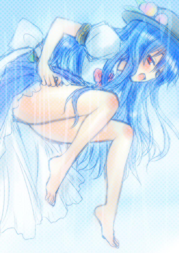 blue_hair blush feet hat hinanawi_tenshi long_hair open_mouth red_eyes saki_chisuzu sketch touhou