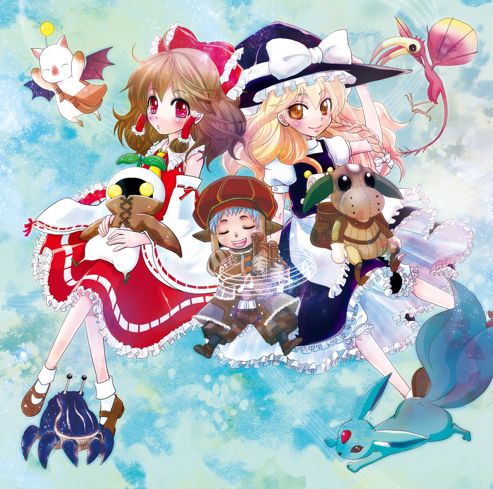 2girls album_cover bard carbuncle cover crab crossover final_fantasy final_fantasy_xi goblin goblin_(final_fantasy) hakurei_reimu kirisame_marisa mandragora mandragora_(final_fantasy) moogle multiple_girls tarutaru the_iron_of_yin_and_yang touhou yotsuba yotsuba_yuiko