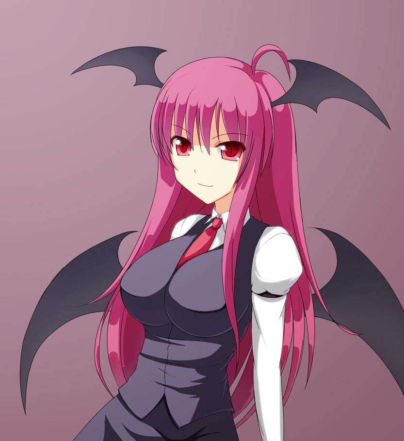 arm_garter ash_(pixiv) bad_id bat_wings breasts demon_girl head_wings impossible_clothes impossible_clothing impossible_shirt koakuma large_breasts necktie red_eyes red_hair redhead shirt simple_background slit_pupils smile the_embodiment_of_scarlet_devil touhou wings