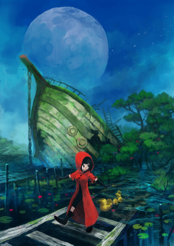 black_hair boat boots cloak crosswalk duck duckling full_moon lack lily_pad moon nature original red ship shipwreck solo tree water