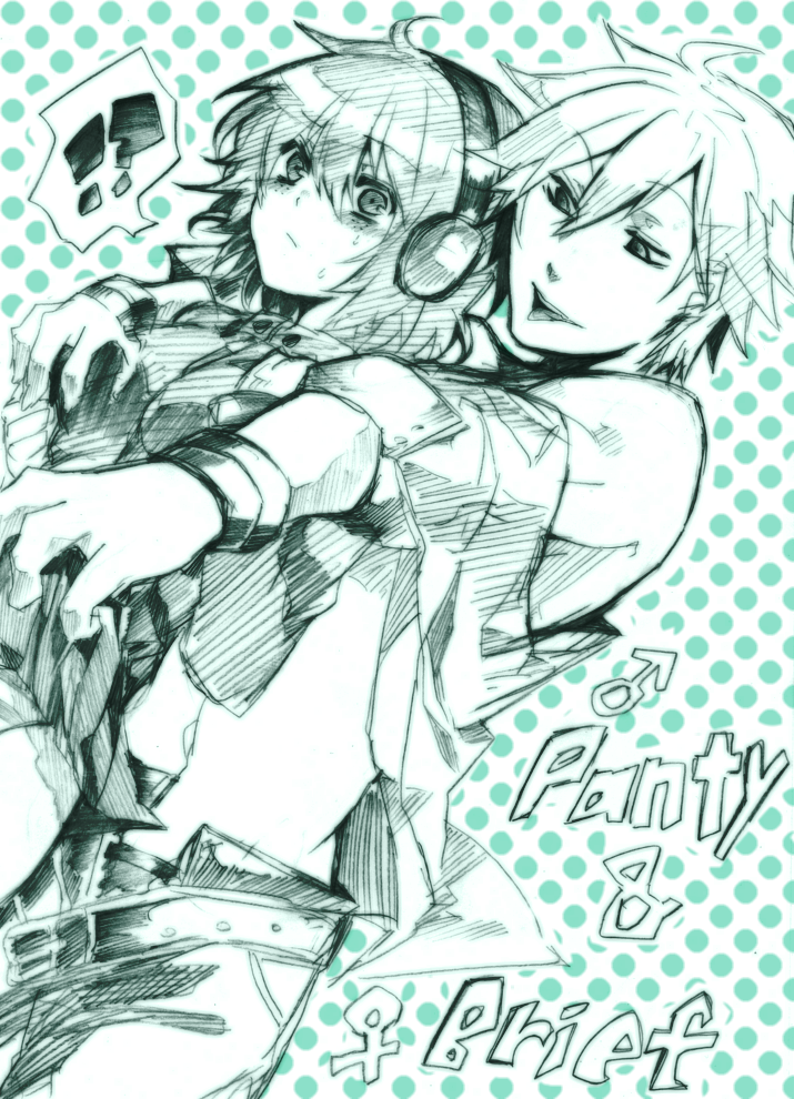 !? belt blush brief brief_(character) brief_(psg) chocora11 genderswap green headphones monochrome open_clothes open_mouth panty_&amp;_stocking_with_garterbelt panty_(character) panty_(psg) pixiv_manga_sample short_hair sketch surprised tongue undressing