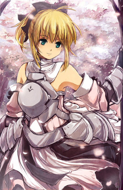 armor armored_dress bad_id blonde_hair blue_eyes detached_sleeves dress fate/stay_night fate/unlimited_codes fate_(series) nuriko-kun ponytail saber saber_lily solo