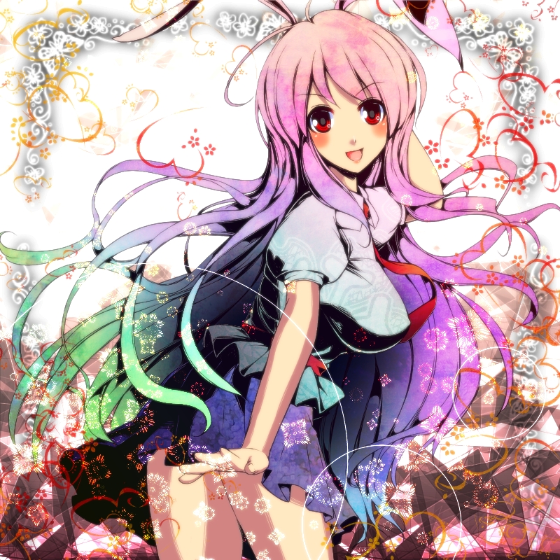 :d animal_ears blue_hair blush breasts bunny_ears gradient_hair green_hair hands large_breasts long_hair looking_back multicolored_hair necktie open_mouth pink_hair red_eyes reisen_udongein_inaba smile solo touhou umigarasu_(artist) umigarasu_(kitsune1963) very_long_hair